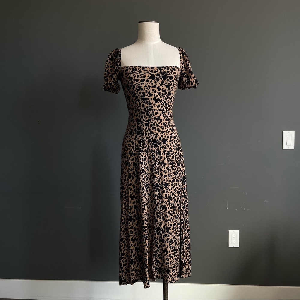 Reformation Tan and Black Leopard Midi Dress